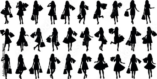 Large collection of fashionable shopping women silhouettes vector set holding bags and walking isolated on white background for retail sales.