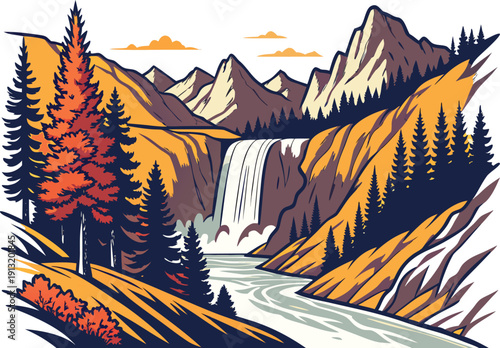 Old Faithful Geyser Eruption in Yellowstone National Park. Grand Prismatic Spring with Aerial View Perspective. Yellowstone River Lower Falls and Grand Canyon Landscape. Wild American Bison Grazing