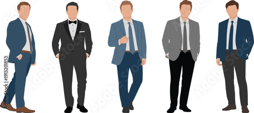 Five men in suits and formal wear standing against a white background tuxedo 1