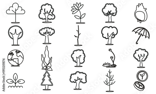 Forest conservation ecology icons set minimalist line art. Environmental protection nature preserve tree growth sustainability recycle wildlife deforestation 