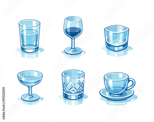 Glassware reflections. Isometric flat vector icons set of glassware reflections: clear water glass with reflections, wine glass reflective