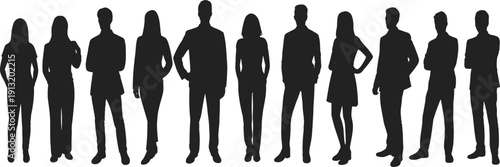 Group of diverse male and female silhouettes in various business casual poses against a white background