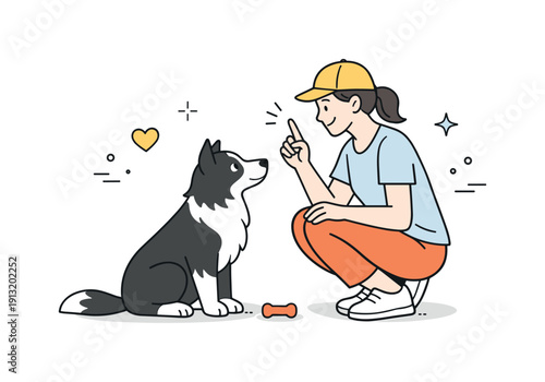 Bonding through pet training. A person and pet making eye contact during a training moment, symbolizing connection, patience, and mutual