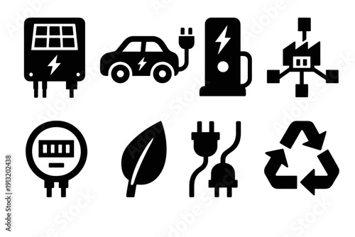 Sustainable Tech Icons. Green Technology silhouette set: solar inverter, electric car, charging dock, smart grid, energy meter, eco leaf, power cable, sustainability symbol