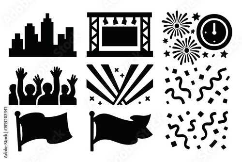 Brutalist Celebration Icons. Downtown Celebration silhouette set: building silhouettes, concert stage, crowd silhouettes, fireworks explosion, glowing clock, laser lights, flag
