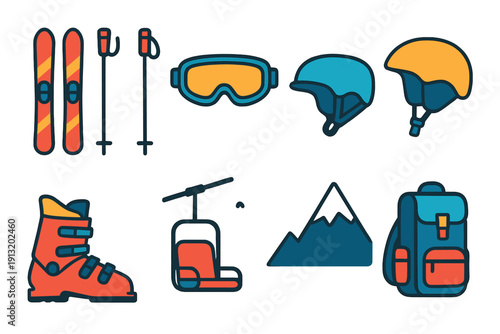 Ski Adventure Icons. Mountain Ski Quest modern flat vector icons: skis, ski poles, goggles, helmet, snow-capped peak, ski boots, lift chair, backpack