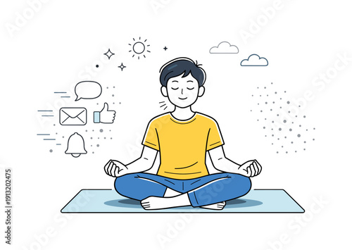 Unplugged relaxation. A person sits on a mat practicing breathing or meditation while digital icons fade away. Editorial metaphor for rest