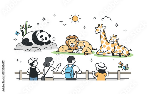Coexistence in Harmony. Animal interactions in zoos and wildlife parks. Animals resting calmly while visitors watch from a respectful distance. Balanced scene