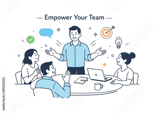 Team Empowerment Illustrated. Empower your team. A leader encouraging colleagues during a discussion, open gestures and positive expressions. Atmosphere of