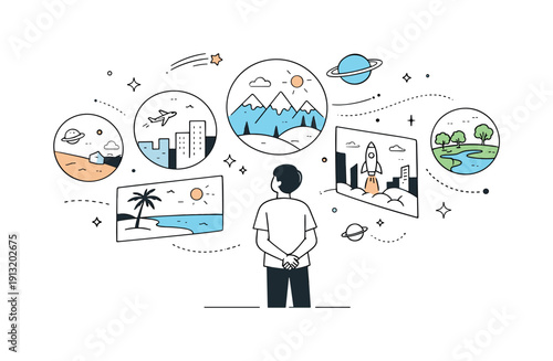 Exploring the multiverse theory. A person observing multiple parallel worlds represented as floating panels or spheres, calm curiosity and