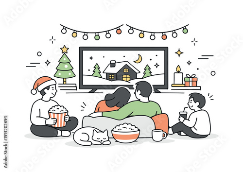Holiday movie night at home. Friends or family gathered around a TV, enjoying a movie marathon with popcorn and soft lighting. The scene