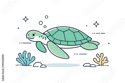 Sea turtle underwater calm. A turtle swimming slowly in clear water with minimal coral shapes around. Quiet ocean scene, soft movement and