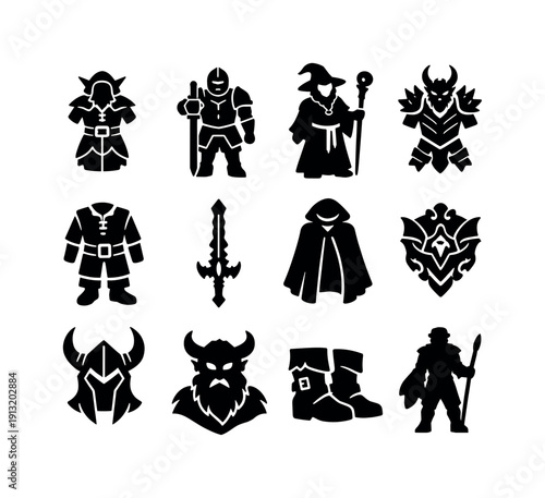 Fantasy cosplay sketches. Solid icon set of fantasy cosplay sketches: elf costume sketch, knight armor sketch, wizard robe sketch, dragon
