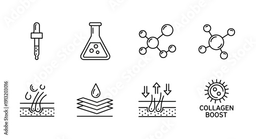 Skincare Science Icons: A Set of Illustrations Depicting Collagen Boost, Molecule Structures, Serum Application, and Skin Layer Hydration for Effective Skincare Solutions.