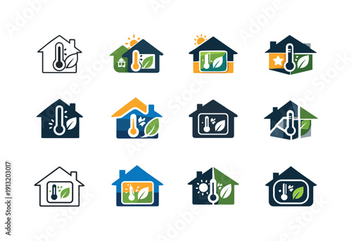 Energy efficiency consulting for homes. Icon set. Set Logo of Energy efficiency consulting for homes: smart thermostat. harmonious logo