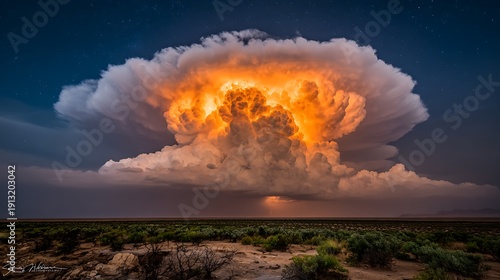 Dramatic orange cumulonimbus cloud over desert landscape at dusk high resolution photo