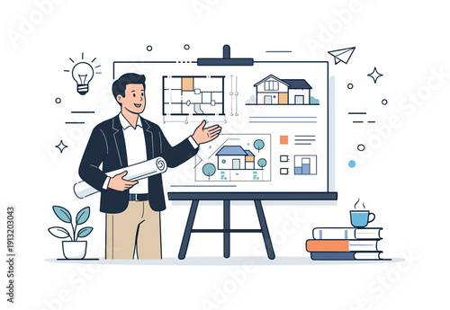 Architectural blueprints presentation. An architect presenting blueprints on a board, explaining ideas with clear gestures. The scene feels
