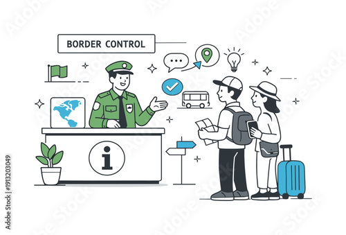 Traveler assistance at border station. Border patrol officer providing directions and information to travelers near an information desk,