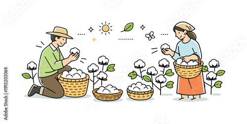 Eco-friendly cotton harvest. Farmers gently picking cotton by hand, baskets and plants arranged in a clean, open composition. Careful labor,