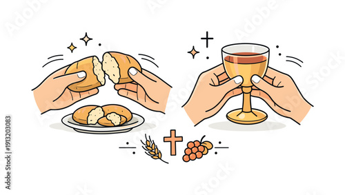 Christian holidays and their traditions. Hands holding bread and wine in a symbolic communion scene. Respectful spiritual ritual shown with