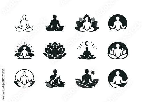 Inner peace. Icon set. Set Logo of inner peace: meditating human silhouette. harmonious logo variations of the same emblematic concept, each