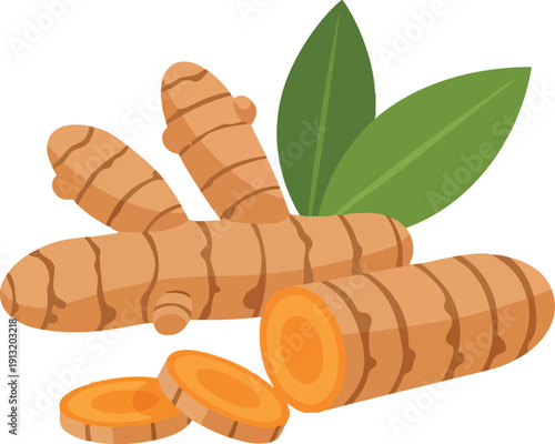 Fresh and vibrant turmeric root and slices, showcasing its natural goodness and health benefits, ideal for culinary and wellness applications