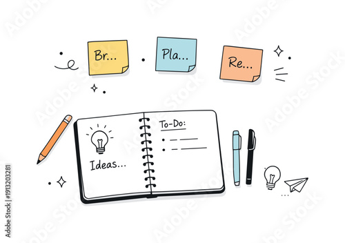 Desk with unfinished notes. Minimal workspace showing a notebook, sticky notes with partial words, and blank space left intentionally.