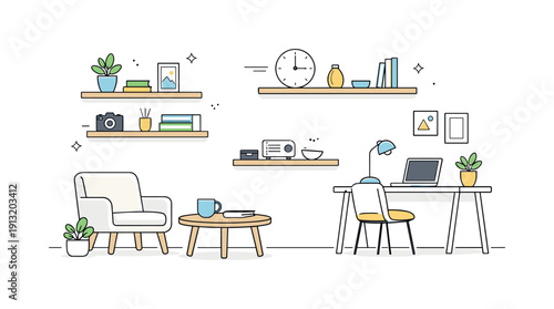 Minimalist Living Space. Minimalist living space with shelves. Calm editorial scene of a modern room interior where floating shelves complement the space, open