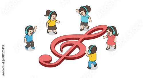 Children dancing around a treble clef symbol wearing headphones, representing music education and enjoyment
