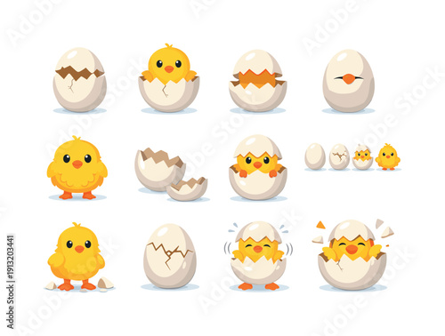 Chick Hatching. Colorful flat vector icons set of Chick Hatching: cracked egg, chick emerging, half shell egg, tiny beak peeking, fluffy