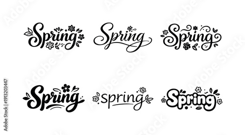 Spring text with floral doodles. Set lettering. harmonious lettering variations of the same emblematic concept, each with different artistic