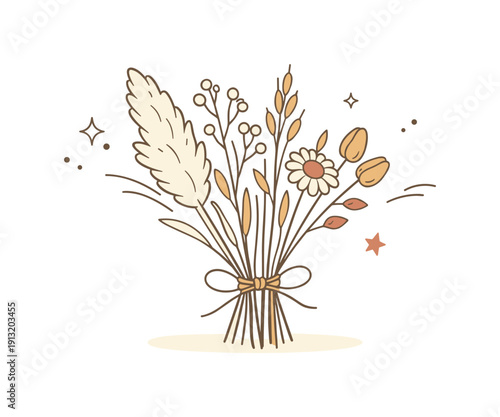 Dried flowers bundle. A minimal editorial still life with dried grasses and blooms fanned out from a soft twine tie, grounded with soft