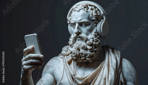 Greek marble statue using smartphone and headphones