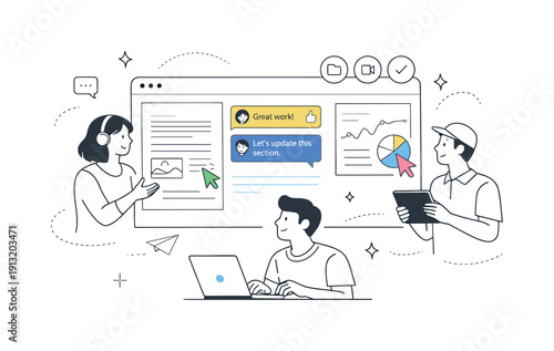 Remote collaboration tools. People interacting through a shared dashboard with documents, comments, and cursors visible. Transparency,