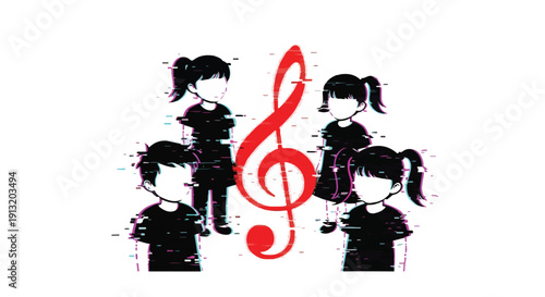 Children's choir singing around a red treble clef with glitch effect, symbolizing digital music and education