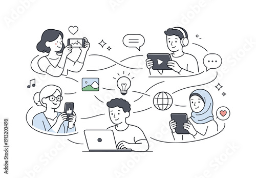 Community-driven content. Several users sharing photos and posts from different devices, connected by soft lines and icons. Participation,