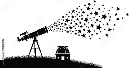Telescope and observatory silhouette vector with stars—ideal for astronomy artwork, stargazing themes, science education, and cosmic-inspired creative design projects.
