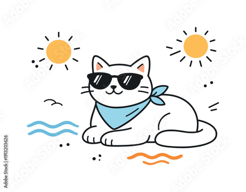 Summer pet style. A cat wearing sunglasses and a light bandana, relaxing with sun icons and abstract waves, calm playful summer mood.