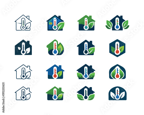 Energy efficiency consulting for homes. Icon set. Set Logo of Energy efficiency consulting for homes: smart thermostat. harmonious logo