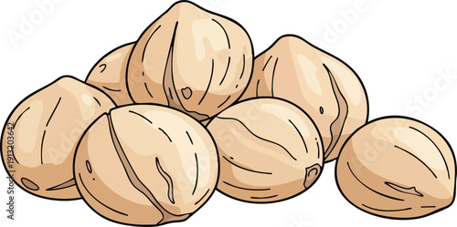 A close-up illustration of a pile of ripe hazelnuts, showcasing their smooth, light brown shells and natural shape, perfect for healthy eating and culinary uses