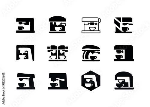 Local cafes. Icon set. Set Logo of local cafes: espresso machine silhouette. harmonious logo variations of the same emblematic concept, each