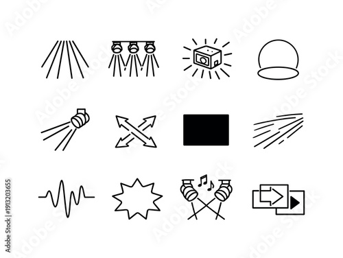 Stage Lighting Effects. Line icon set of Stage Lighting Effects: light rays, color wash, strobe light, spotlight circle, moving beam, cross