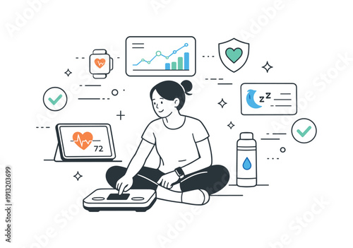 Future personal fitness tech. A calm scene of a person interacting with smart health gadgets, abstract graphs and checkmarks