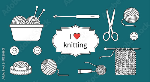Collection of knitting and crochet essentials including colorful yarn balls, metal needles, hooks, and a wooden craft basket.