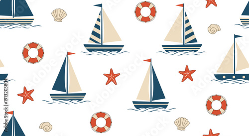 Charming nautical seamless pattern showcasing small sailboats, lifebuoys, seashells, and starfish on a clean white background.