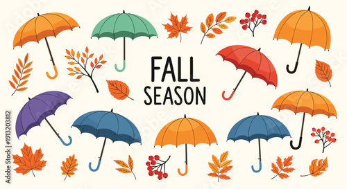 Fall season collection of assorted colorful umbrellas, autumn leaves, and branches with red forest berries on light beige.