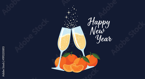Festive new year celebration graphic showing two champagne flutes clinking over a pile of fresh tangerines on dark blue.