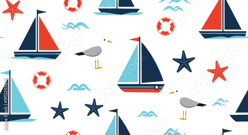Maritime themed seamless pattern featuring classic sailboats, seagulls, lifebuoys, and decorative starfish on white background.