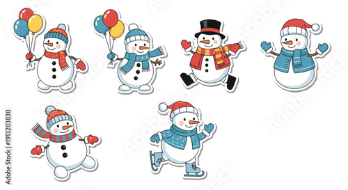 Assortment of cute snowman character stickers in various winter outfits and active holiday poses for greeting cards and decor.