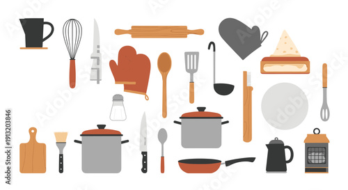 Large set of professional kitchen tools, cooking utensils, metal pots, and baking equipment for food preparation at home.